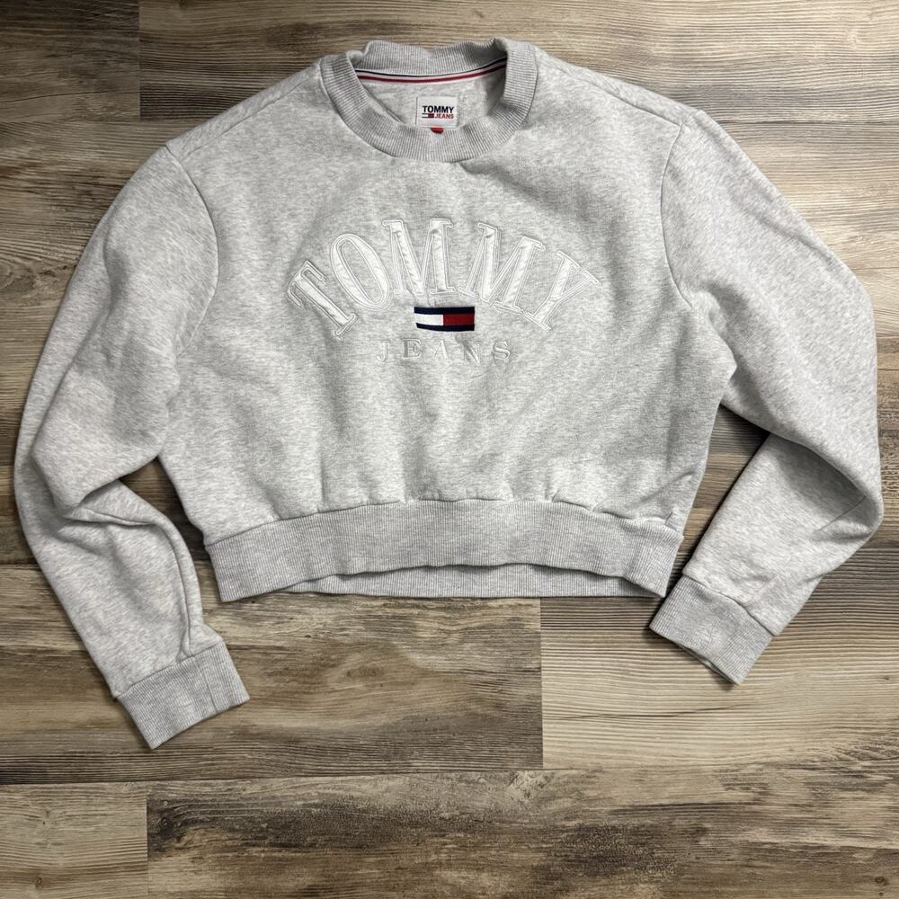 Tommy Jeans Gray Cropped Sweatshirt Women’s Small Embroidered Crewneck Pullover